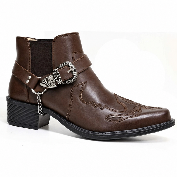 Men's pointed toe cowboy ankle boots with distinctive buckle strap closure and authentic Western styling.