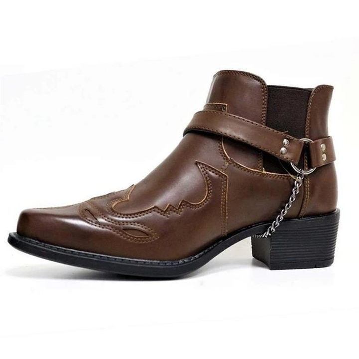 Classic men's cowboy ankle boots with a sleek pointed toe, adjustable buckle strap, ideal for any Western outfit.