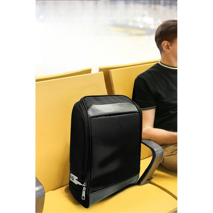 Men's black anti-theft business travel backpack with secure fingerprint lock, ideal for laptops & professional use.