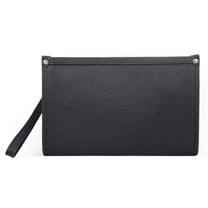 Men's black genuine leather business clutch with secure fingerprint lock, professional & sleek design.