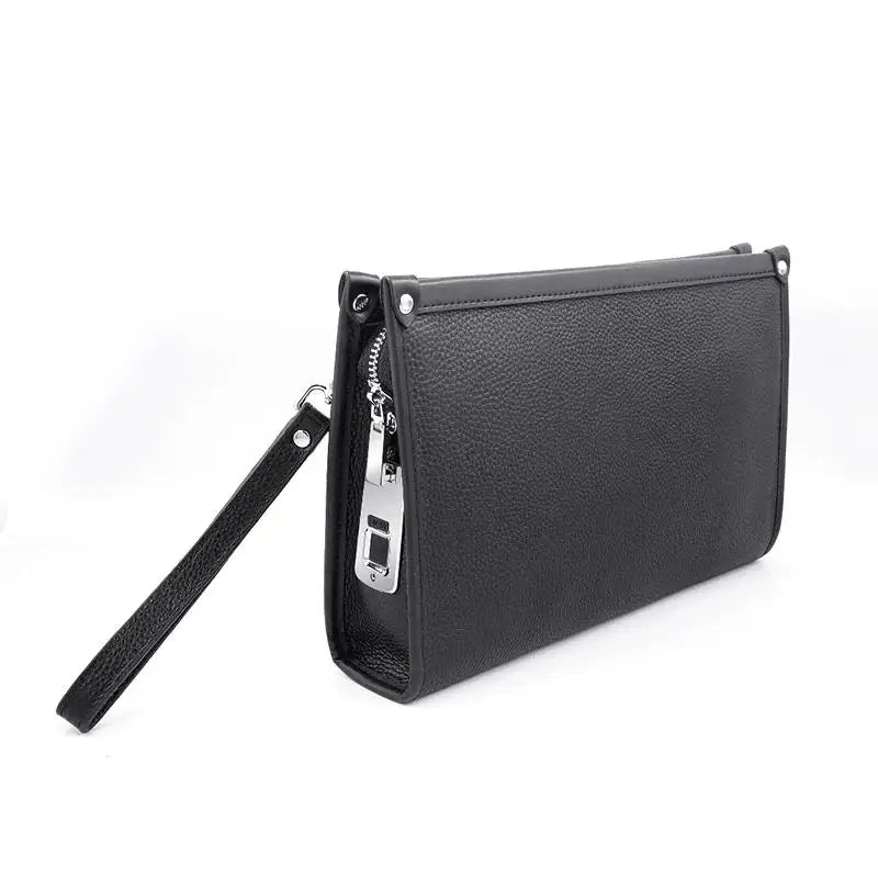 Secure black genuine leather men's clutch, biometric fingerprint lock for valuable business essentials.