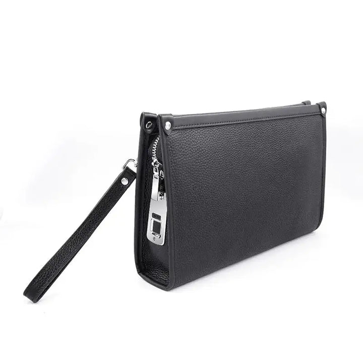 Secure black genuine leather men's clutch, biometric fingerprint lock for valuable business essentials.