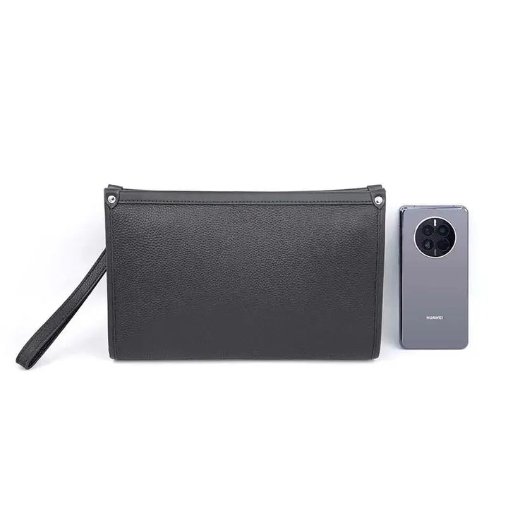 Premium black genuine leather men's professional clutch bag, advanced fingerprint security feature.