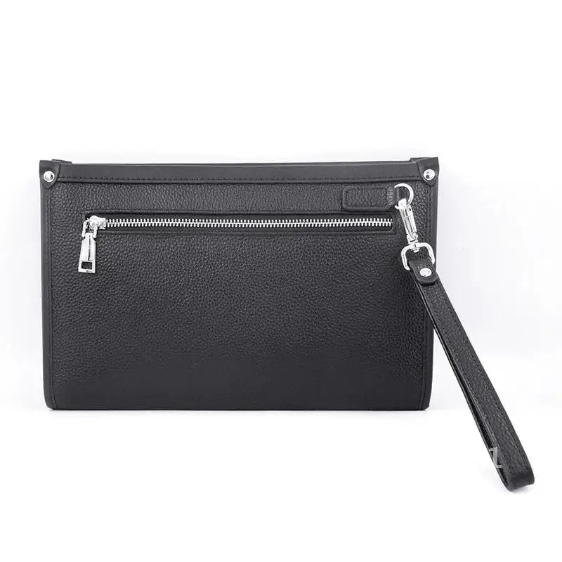 Stylish men's black leather travel clutch, ideal for business trips with secure fingerprint locking mechanism.