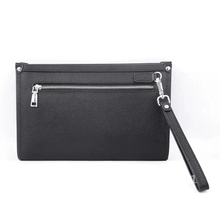 Stylish men's black leather travel clutch, ideal for business trips with secure fingerprint locking mechanism.