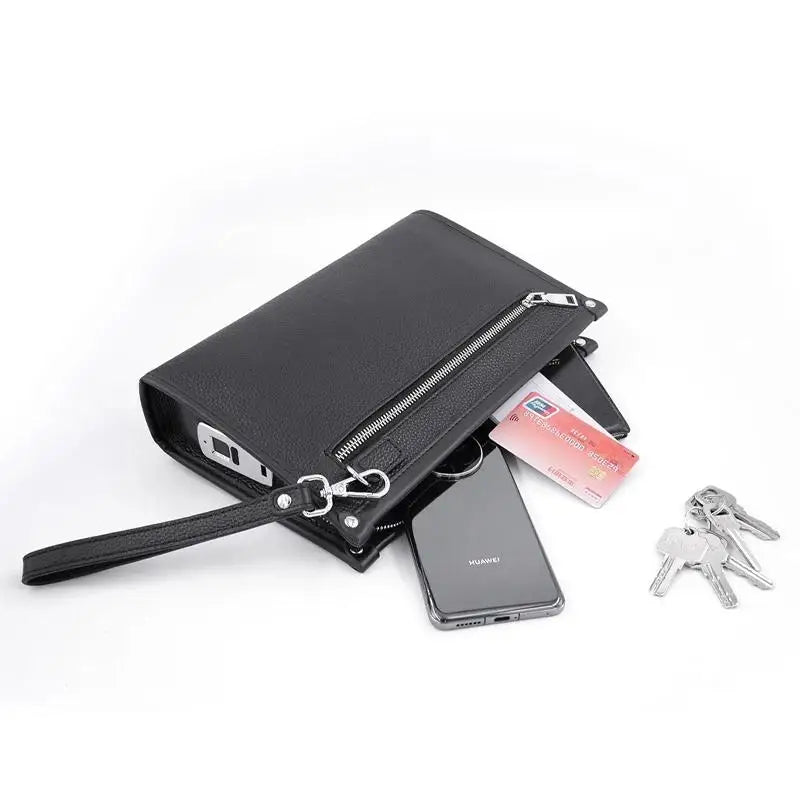 Professional men's black genuine leather accessory, a business clutch with an integrated fingerprint lock.