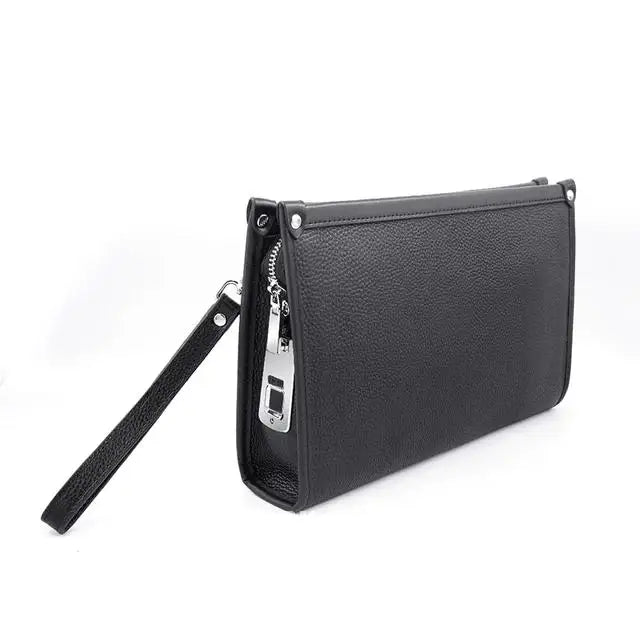 Close-up of men's black genuine leather business clutch, showcasing texture and fingerprint scanner detail.