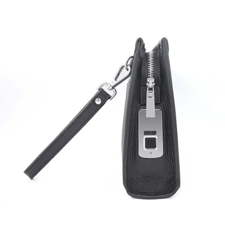 Elegant men's black genuine leather clutch wallet with a secure fingerprint lock for daily use & travel.
