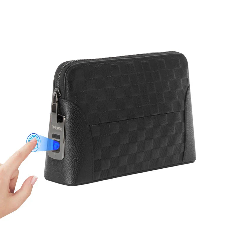 Men's black leather anti-theft clutch with fingerprint lock. Secure travel wallet and organizer.