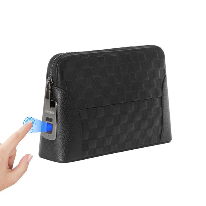 Men's black leather anti-theft clutch with fingerprint lock. Secure travel wallet and organizer.