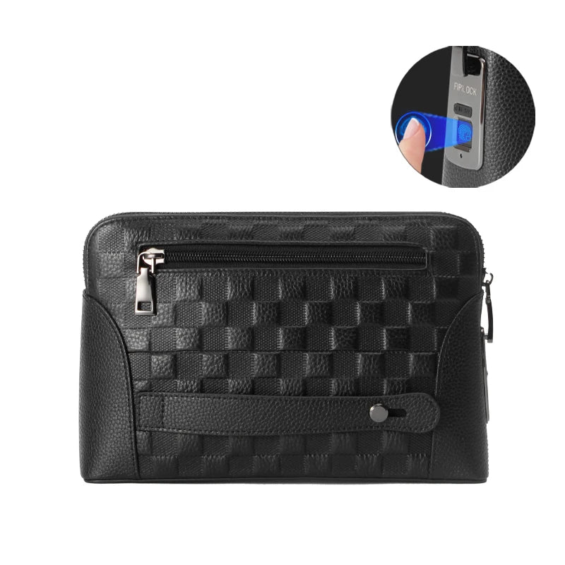 Elegant men's leather clutch wallet, perfect for travel. Includes secure fingerprint lock for valuables.