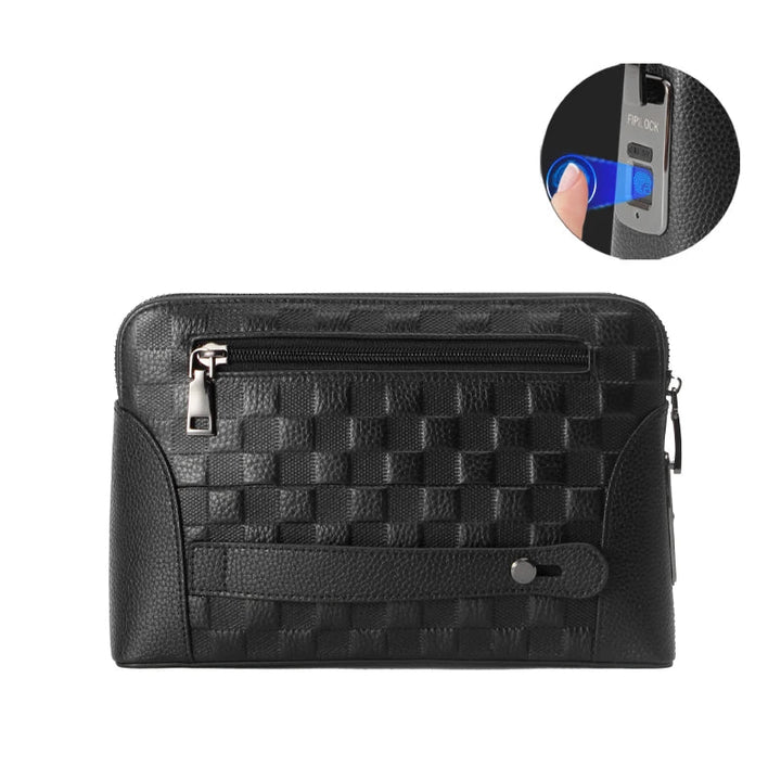 Elegant men's leather clutch wallet, perfect for travel. Includes secure fingerprint lock for valuables.