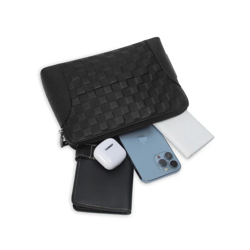 Modern men's black leather anti-theft handbag, featuring a discreet fingerprint lock for ultimate security.