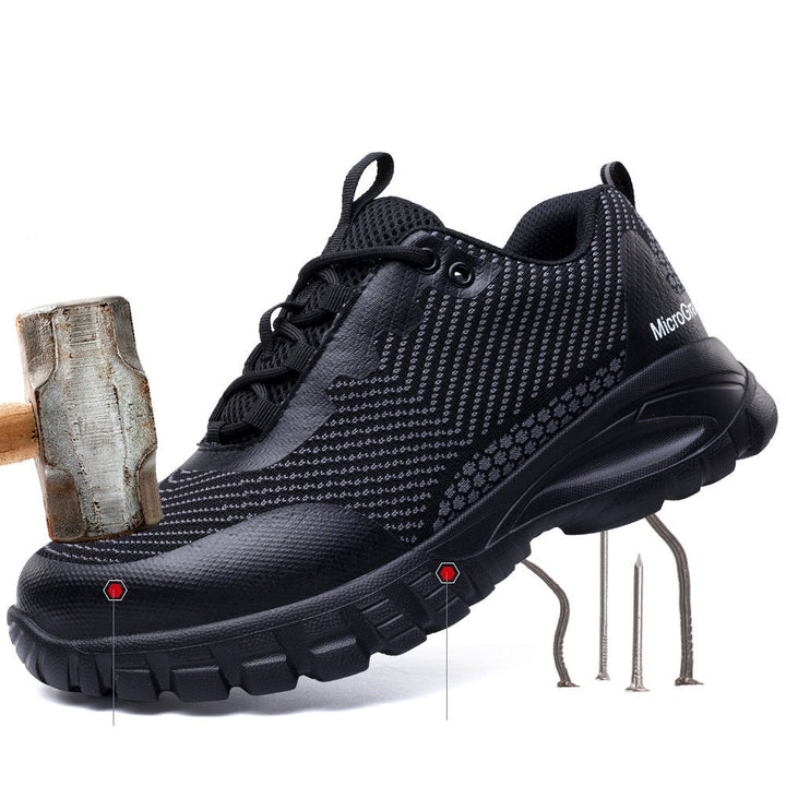 Durable men's lightweight black safety work shoes, water-resistant with slip-resistant sole & steel toe for demanding jobs.
