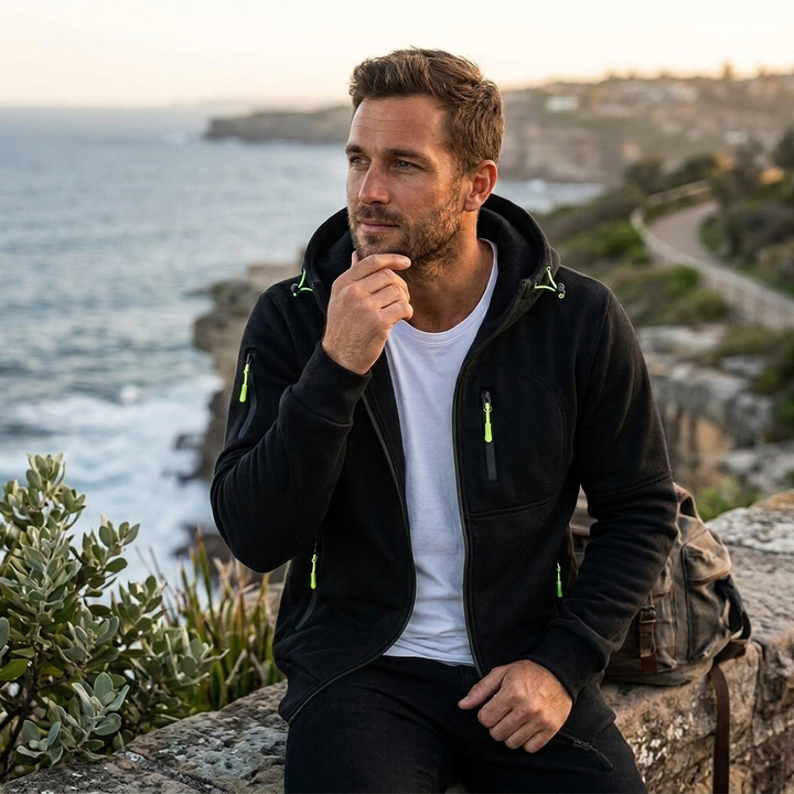 Men's black zip-up hoodie for versatile workwear and casual comfort. Everyday layering sweatshirt.