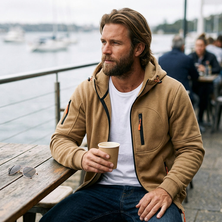 Classic grey men's zip-up hoodie, combining casual comfort with practical workwear versatility.