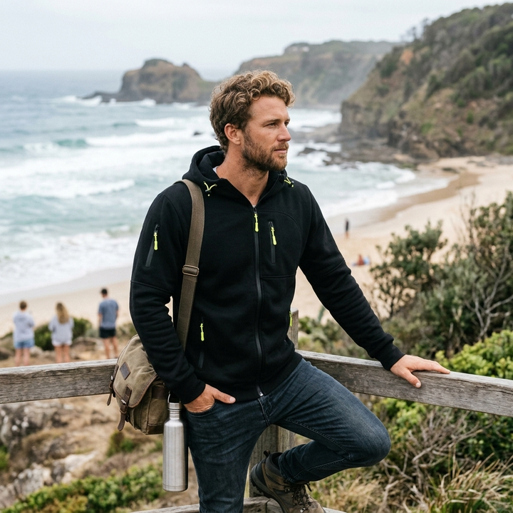 Red men's zip-up hoodie, offering ultimate comfort for workwear and relaxed casual outfits.