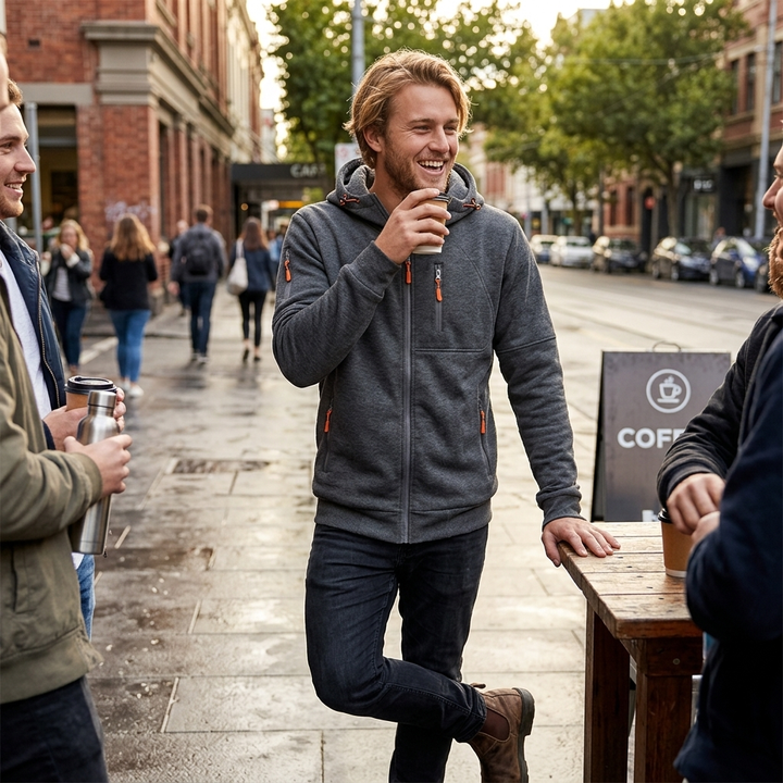 Comfortable men's zip-up sweatshirt, an essential layering piece for workwear and casual style.