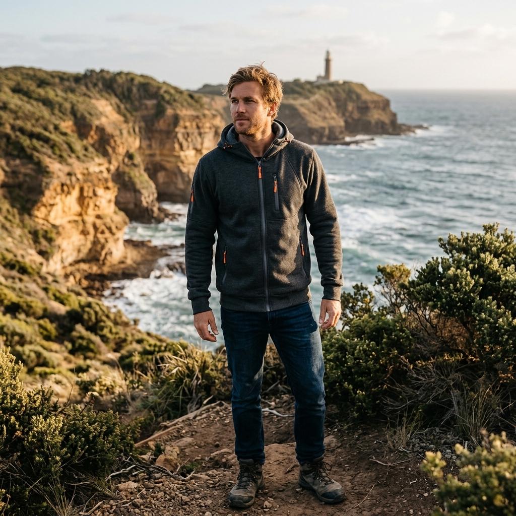 Versatile men's black zip-up hoodie, ideal for everyday wear, work, or casual outings.