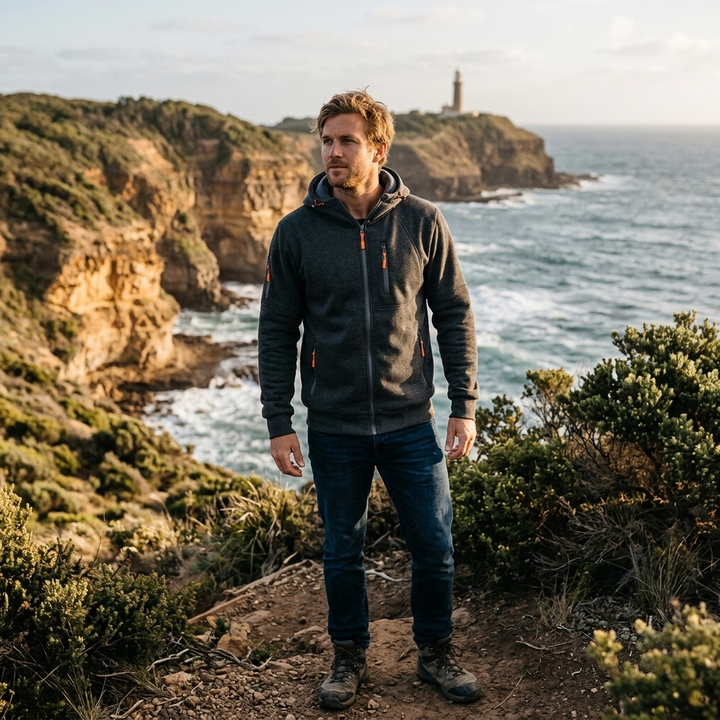 Versatile men's black zip-up hoodie, ideal for everyday wear, work, or casual outings.