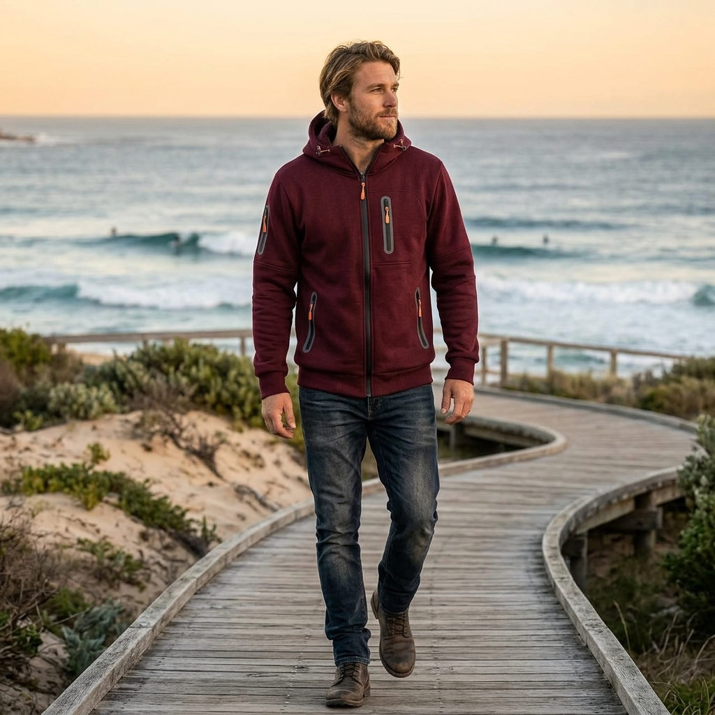 Red men's everyday zip-up hoodie, perfect for adding a pop of color to workwear & casual looks.