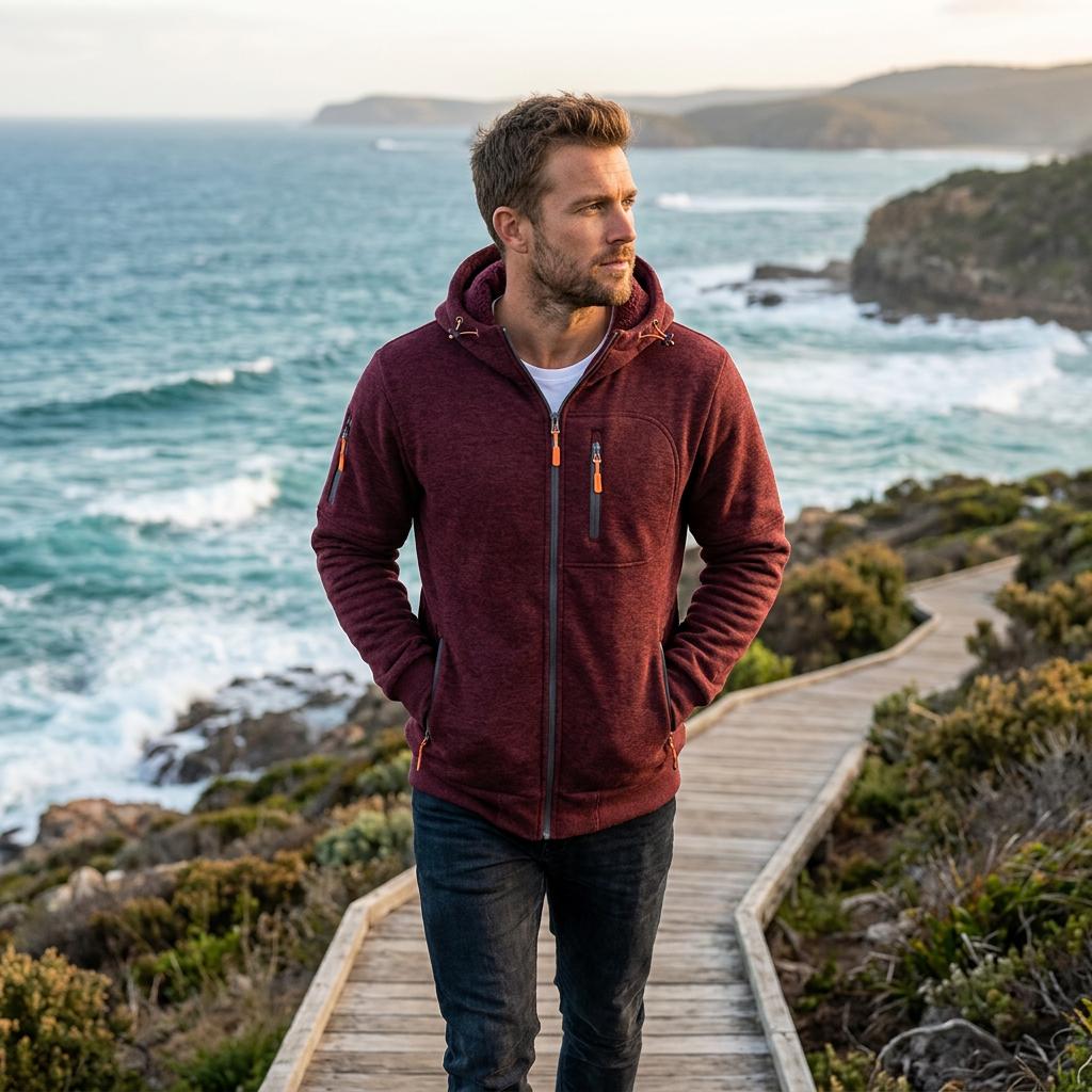 Khaki men's zip-up hoodie, a go-to choice for durable workwear and comfortable everyday wear.