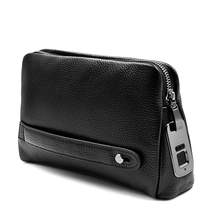 Men's blackish-blue leather anti-theft messenger bag with biometric fingerprint lock for secure travel.