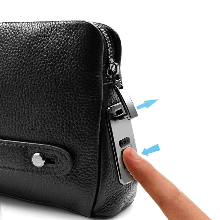 Stylish men's blackish-blue leather crossbody bag featuring an advanced fingerprint lock for ultimate security.