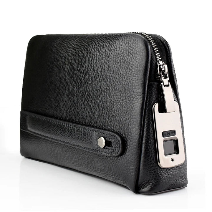 Elegant men's blackish-blue leather messenger bag with an anti-theft design and advanced fingerprint security.