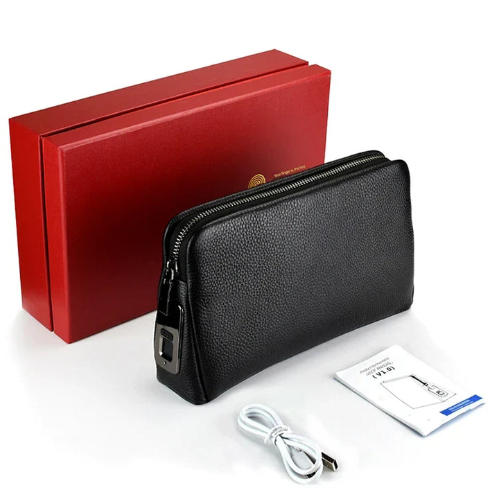 Fashionable men's blackish-blue leather anti-theft crossbody bag with high-tech fingerprint security.