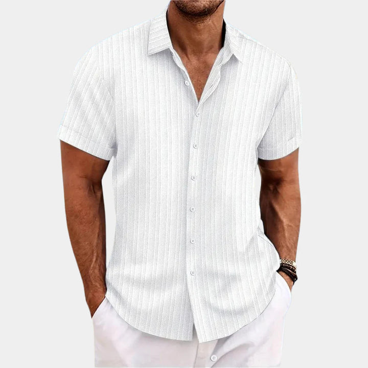 Front view of a men's breathable short-sleeve button-up shirt for stylish and comfortable summer outfits.