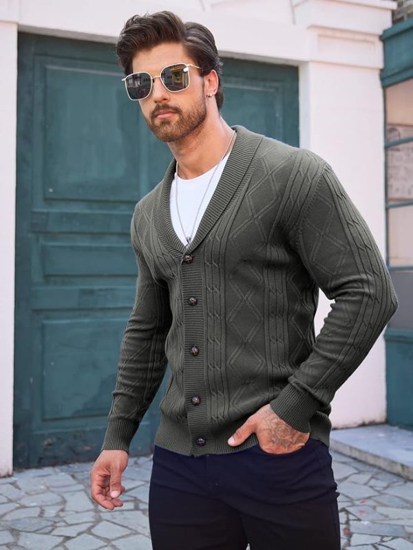 Men's cable knit cardigan with a shawl collar & V-neck design. Stylish men's knitwear for winter layering.