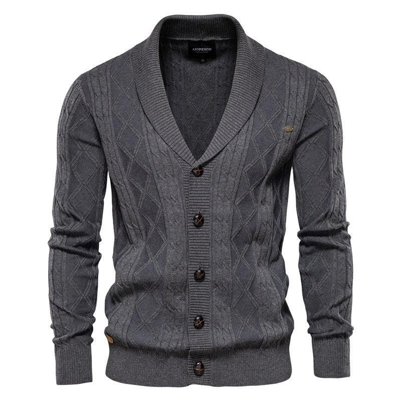 Stylish men's cable knit V-neck cardigan with a cozy shawl collar, perfect for fall & winter fashion.