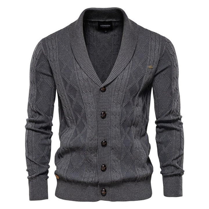 Stylish men's cable knit V-neck cardigan with a cozy shawl collar, perfect for fall & winter fashion.