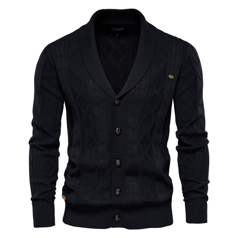 Warm men's cable knit V-neck cardigan featuring a classic shawl collar for comfort & smart casual style.