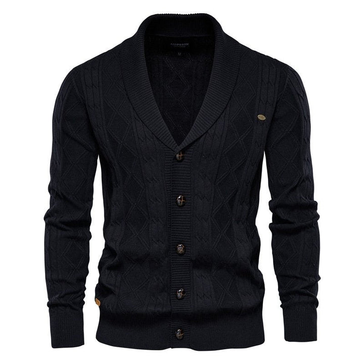 Warm men's cable knit V-neck cardigan featuring a classic shawl collar for comfort & smart casual style.