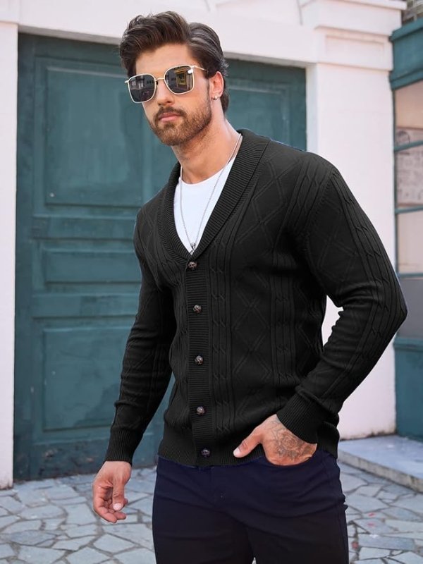 Versatile men's cable knit V-neck cardigan with a chic shawl collar, great for layering in fall & winter.