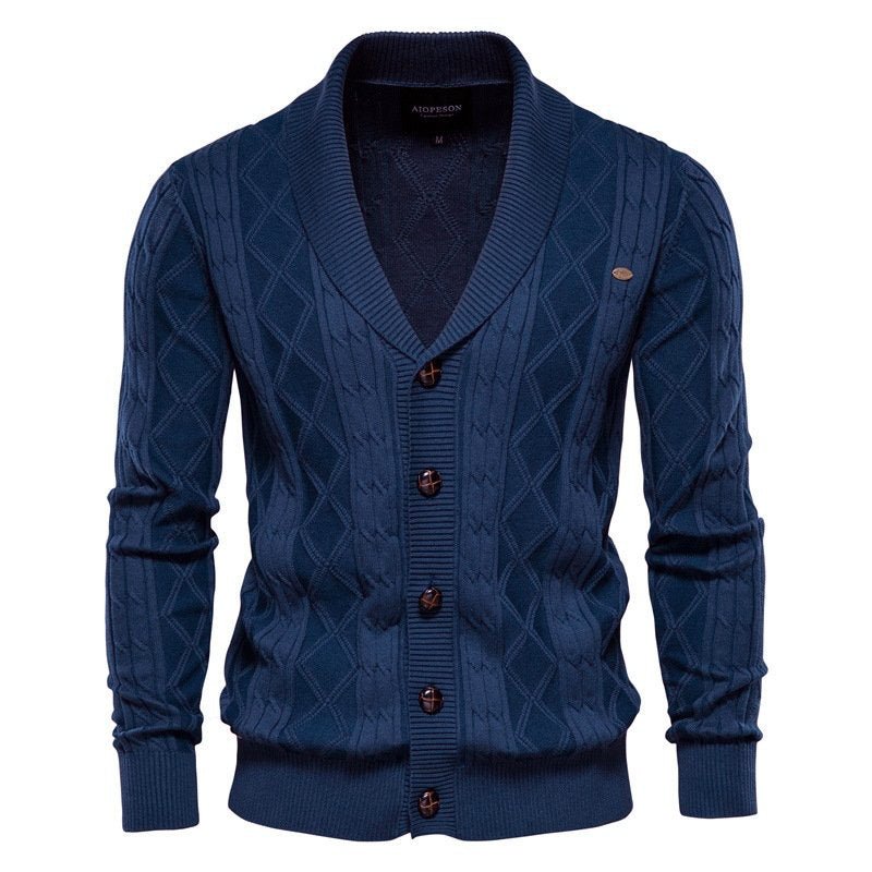 Elegant men's cable knit V-neck cardigan, a sophisticated shawl collar knitwear piece for stylish outfits.