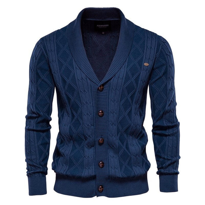 Elegant men's cable knit V-neck cardigan, a sophisticated shawl collar knitwear piece for stylish outfits.