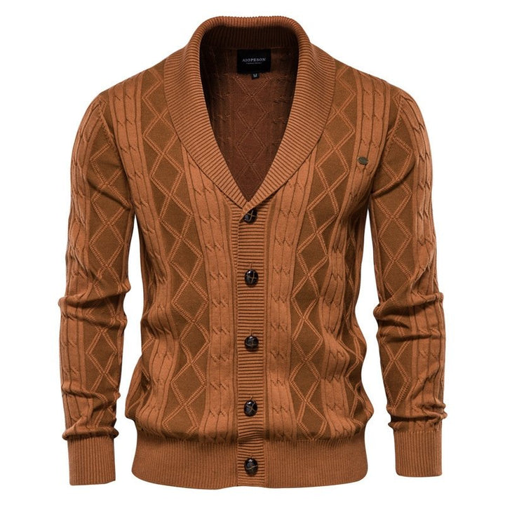 Cozy men's V-neck cable knit cardigan with a fashionable shawl collar, essential winter knitwear for him.