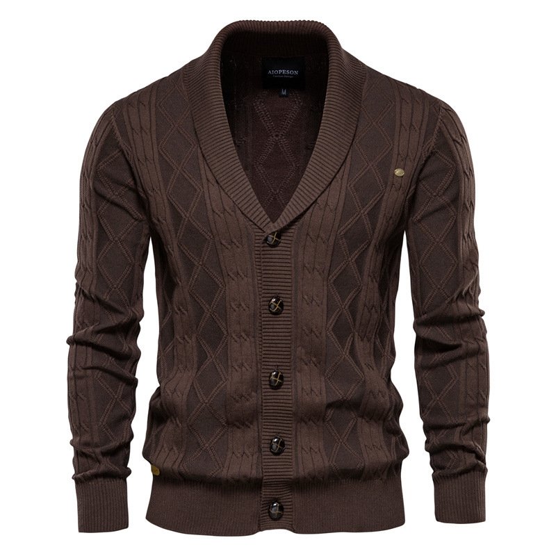 Men's classic cable knit V-neck cardigan featuring a soft shawl collar, perfect stylish fall & winter wear.