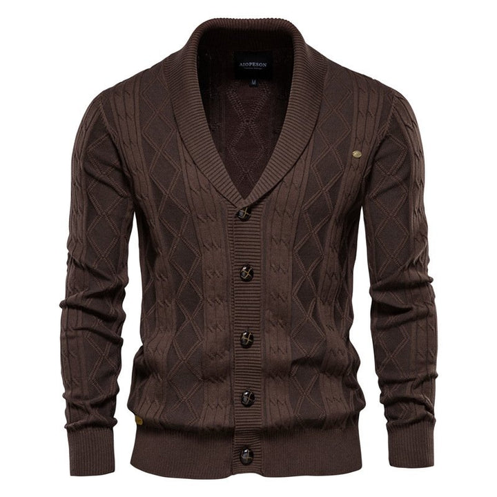 Men's classic cable knit V-neck cardigan featuring a soft shawl collar, perfect stylish fall & winter wear.