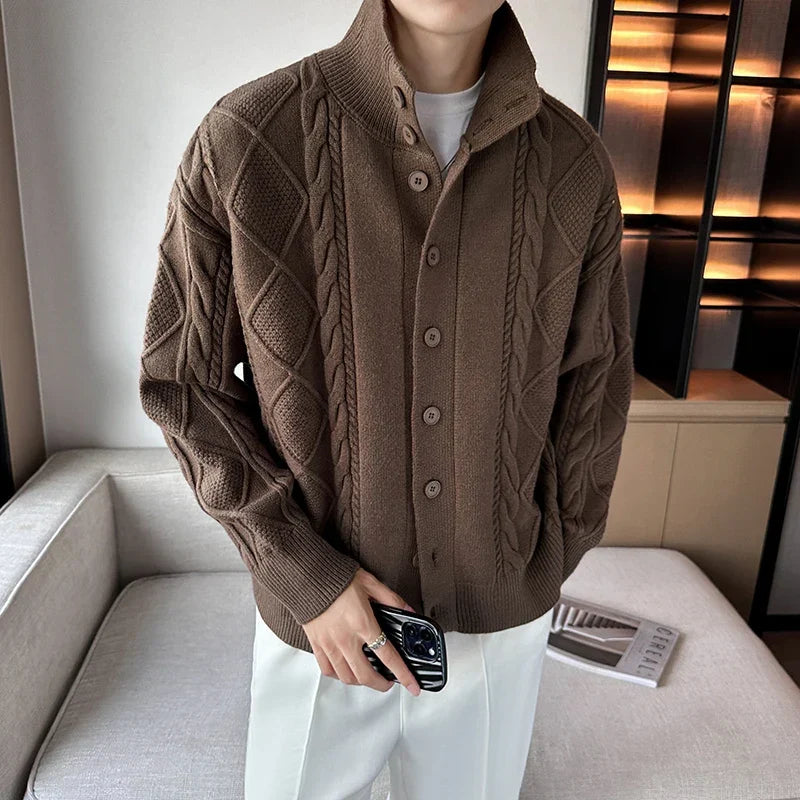 Men's cable knit cardigan with a stylish stand collar, perfect for smart casual fall and winter outfits.