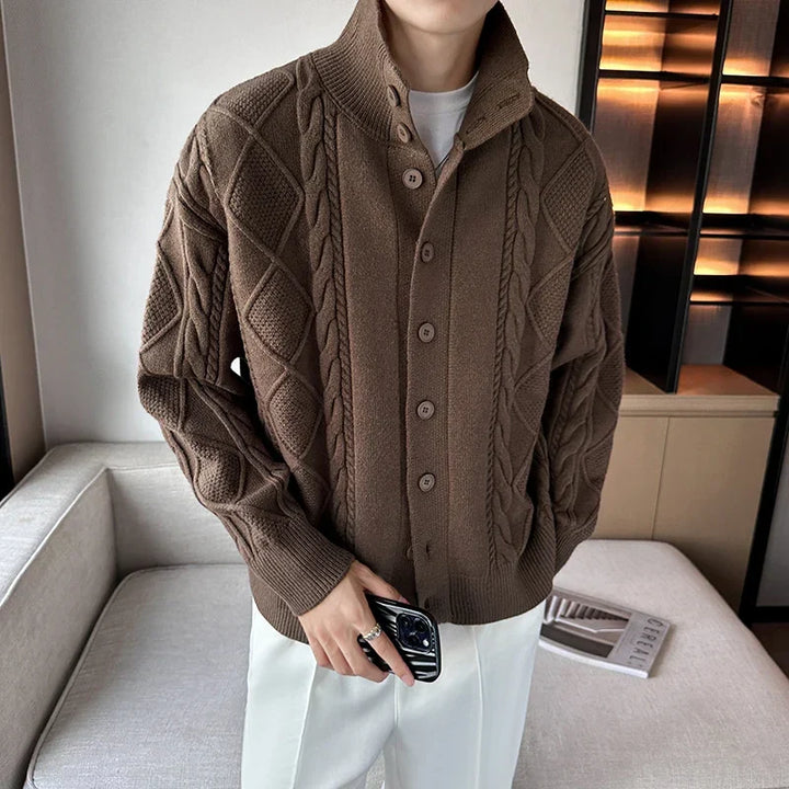 Men's cable knit cardigan with a stylish stand collar, perfect for smart casual fall and winter outfits.