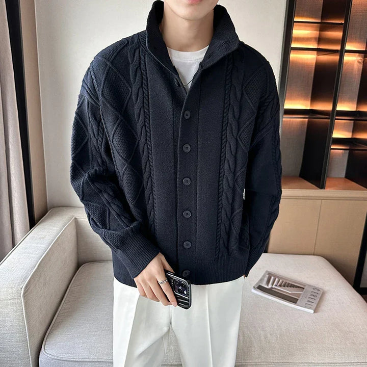 Elegant men's stand collar cardigan, a classic cable knit sweater jacket for polished smart casual style.