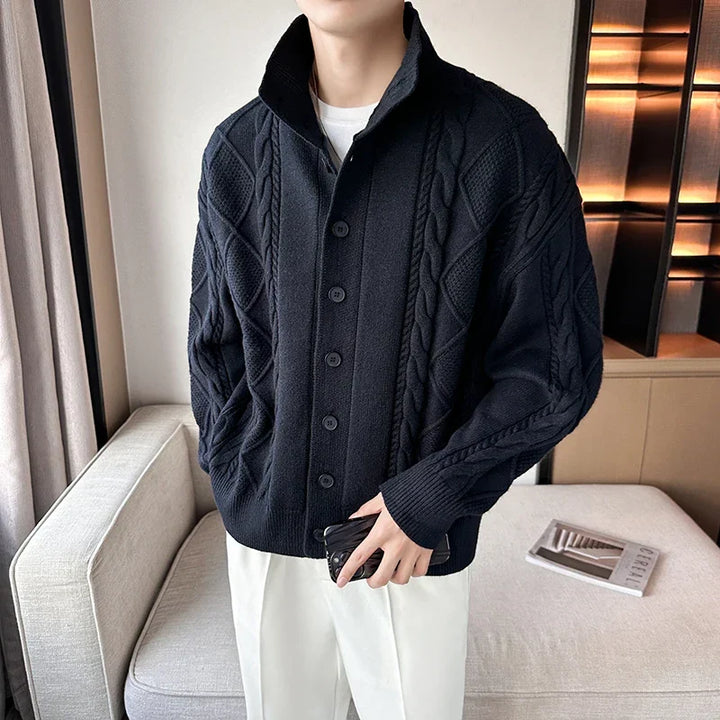 Versatile men's cable knit cardigan, ideal as a casual jacket or for a stylish layered look in fall.