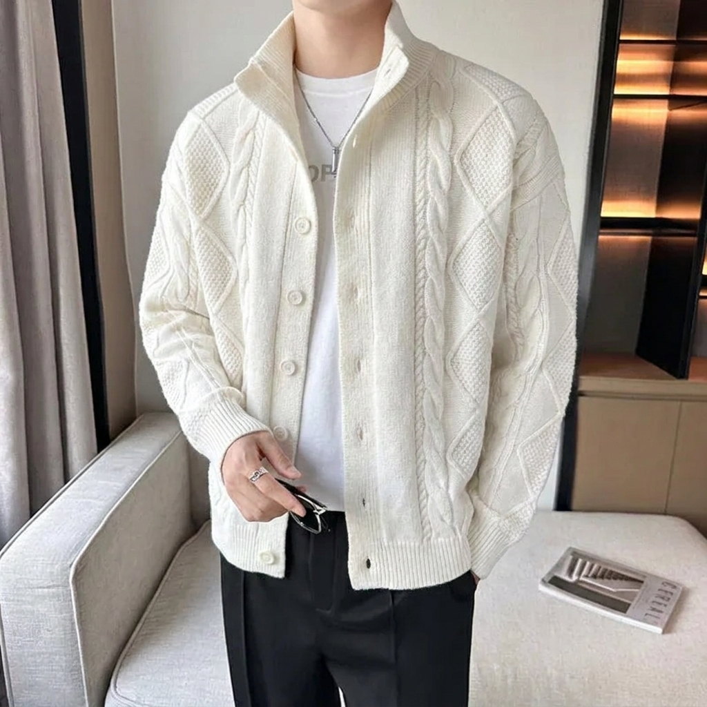 Warm and stylish men's knitwear: a stand collar cable knit cardigan, essential outerwear for cool weather.