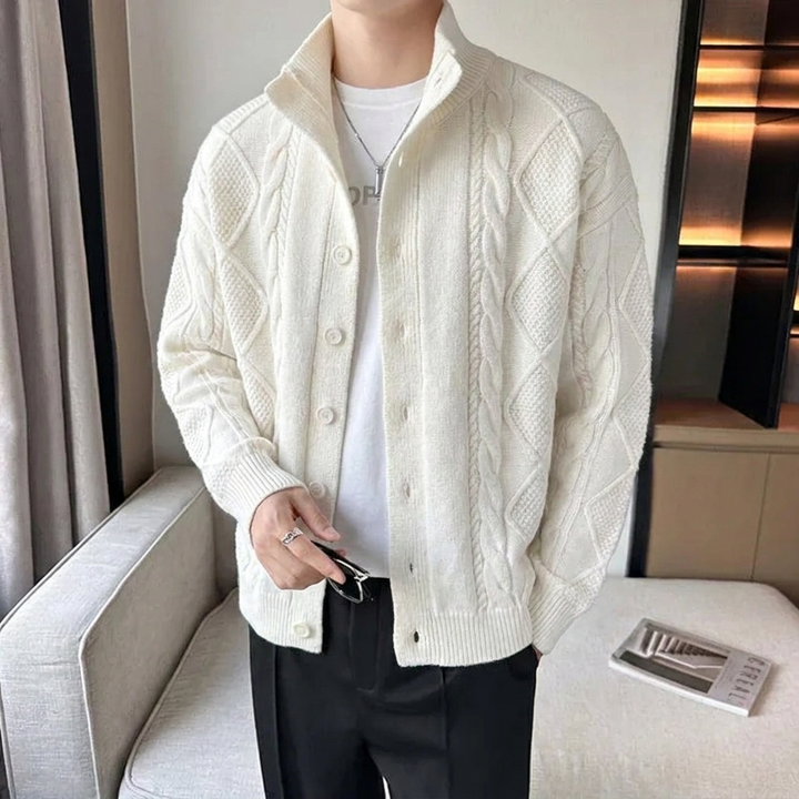 Warm and stylish men's knitwear: a stand collar cable knit cardigan, essential outerwear for cool weather.