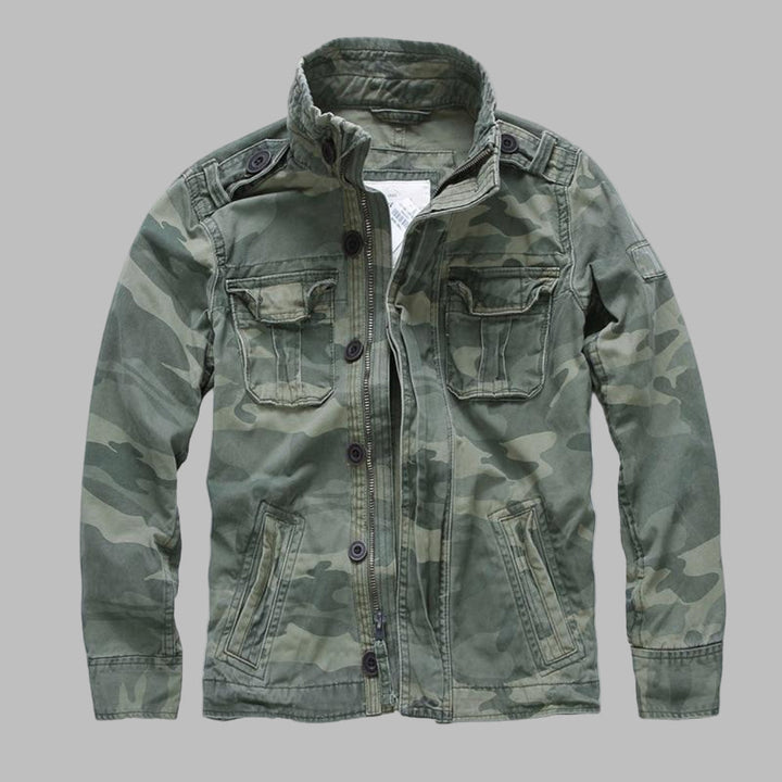 Men's camouflage military jacket for rugged outdoor style. Durable army green utility jacket, perfect for casual wear.