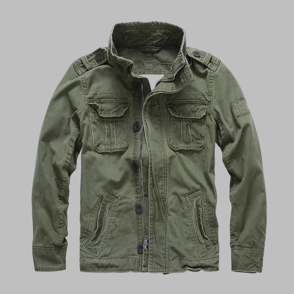 Stylish men's camouflage jacket for outdoor adventures. Versatile military-style outerwear, ideal for spring fashion.